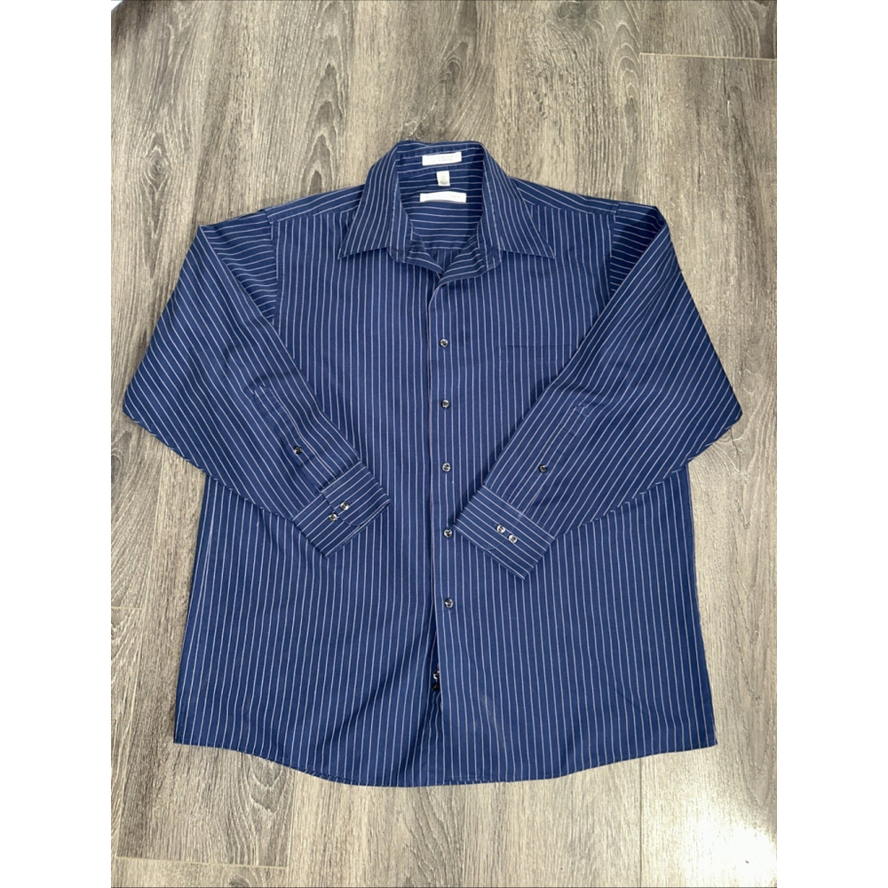 Geoffrey Beene 16.5 32/33 Blue With Pink Stripes Long Sleeve Button Up